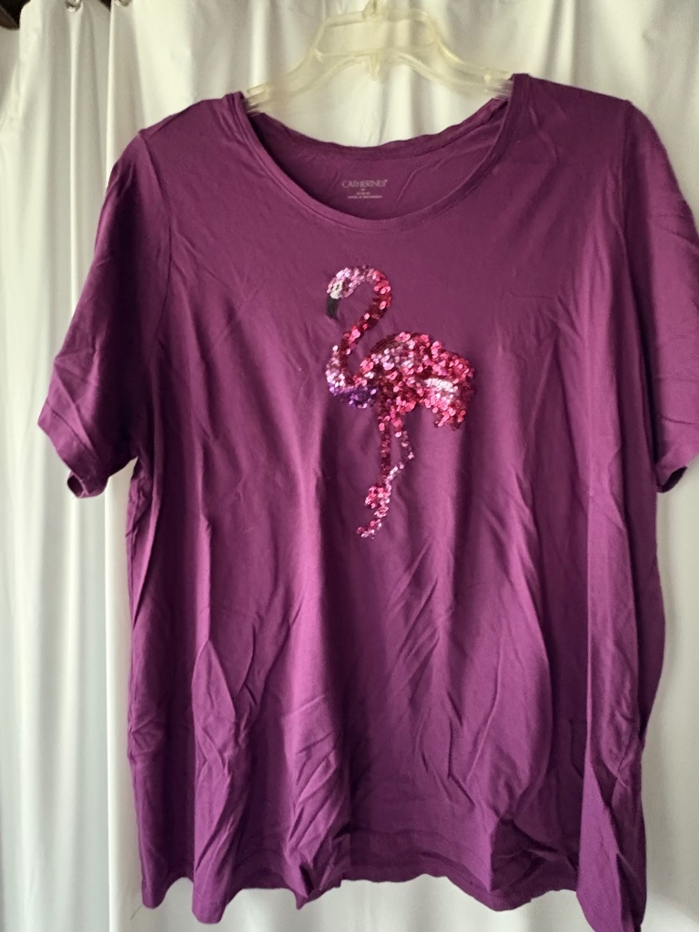Catherines Plus Size 1X Purple Sequin Flamingo Tee Short Sleeve Slub Knit Top